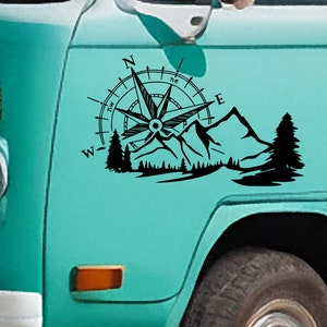 Bussola e montagna, bellissimo adesivo in vinile per il tuo furgone, camper o roulotte