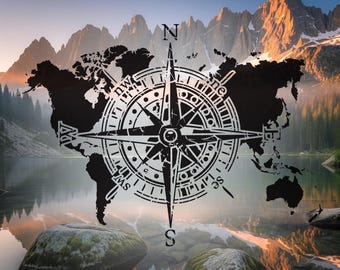 Calcomanía de vinilo con brújula y mapa del mundo: para furgoneta, caravana, barco