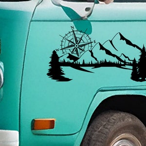 Kompas en berg vinyl sticker - Vinyl sticker voor uw busje, camper, camper, boot en meer