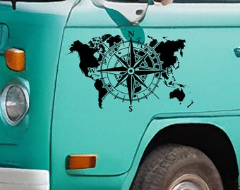 Wereldkaart Compass Camper Sticker - Vinylstickers voor uw busje, camper of caravan