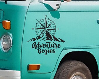 Compass in the mountains, Adventure Begins vinyl decal for your camper, car or caravan