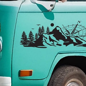 Vinylsticker kompas en berg: vinylsticker voor je busje, camper, camper, boot en meer