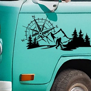 Bigfoot in the mountain and compass sticker for your vehicle