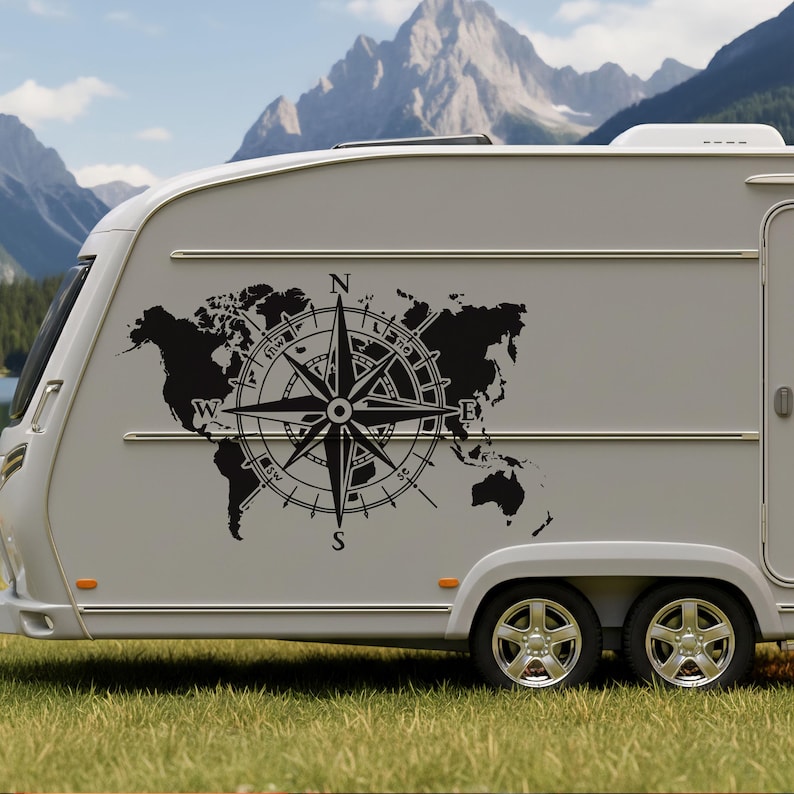 World Map Compass Camper Sticker - Vinyl Decals for Your Van, Camper or ...