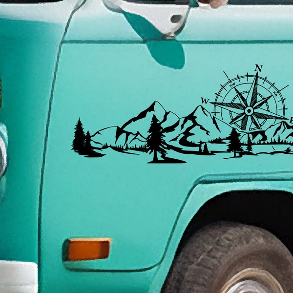 Compass and Mountain Vinyl Decal - Vinyl decal for your van, camper, caravan and more