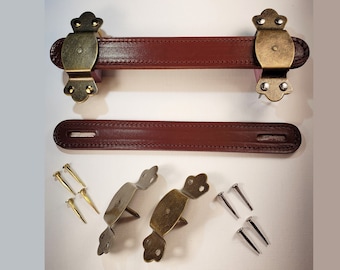 Antique Brass Handle kit, Bowie Loop Style, Slotted Leather Trunk Handles, Nails