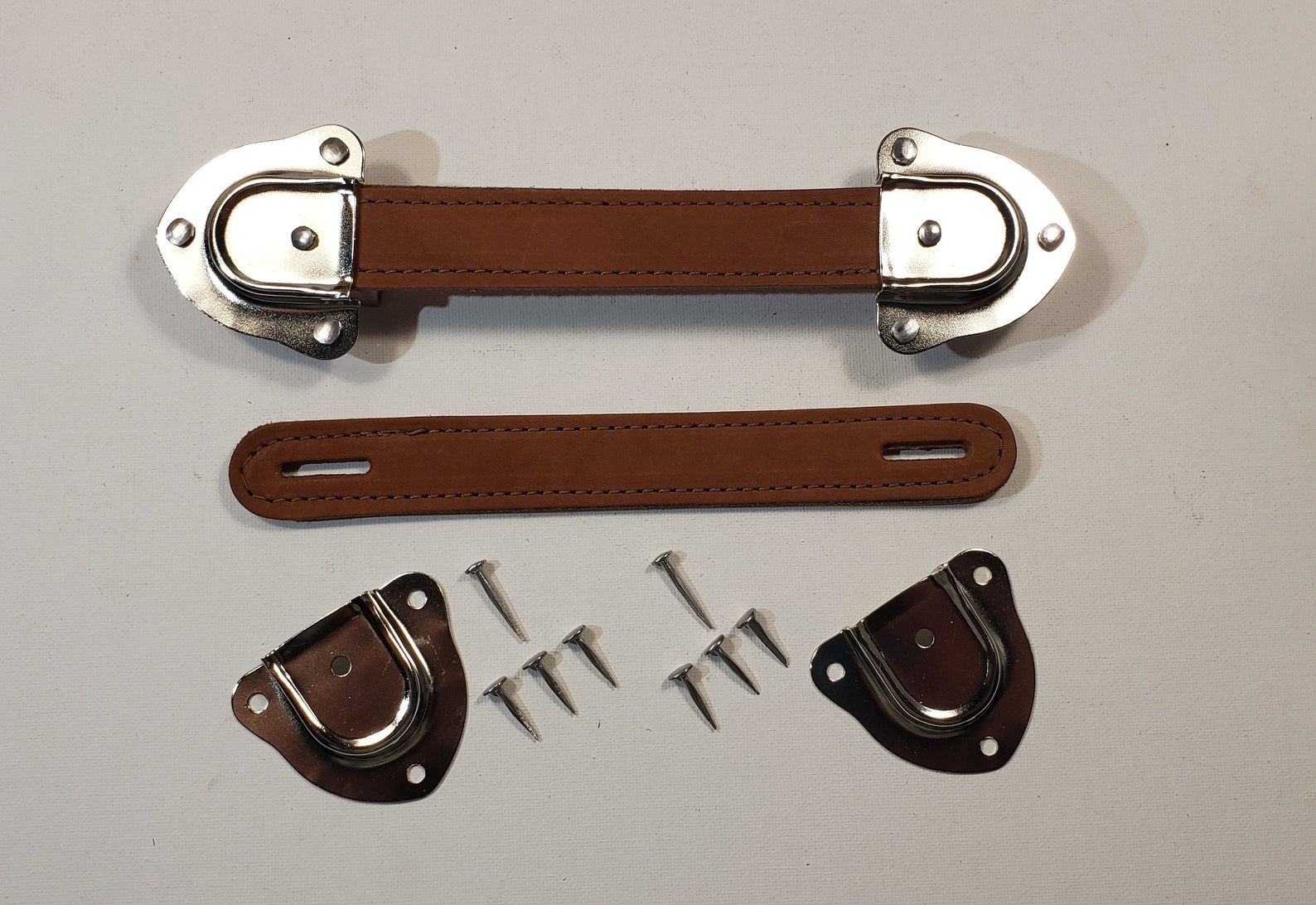 Antique Trunk Handle Kit With Nickle Cap, Slotted Leather Trunk Handles