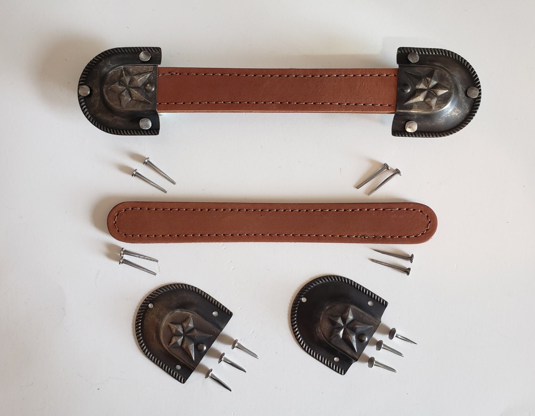 Antique Trunk Handles-2 leather straps,4 trunk hardware black metal  caps-nails-A