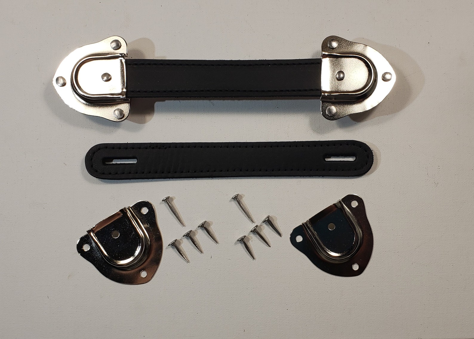 Antique Trunk Handle Kit With Nickle Cap, Slotted Leather Trunk Handles