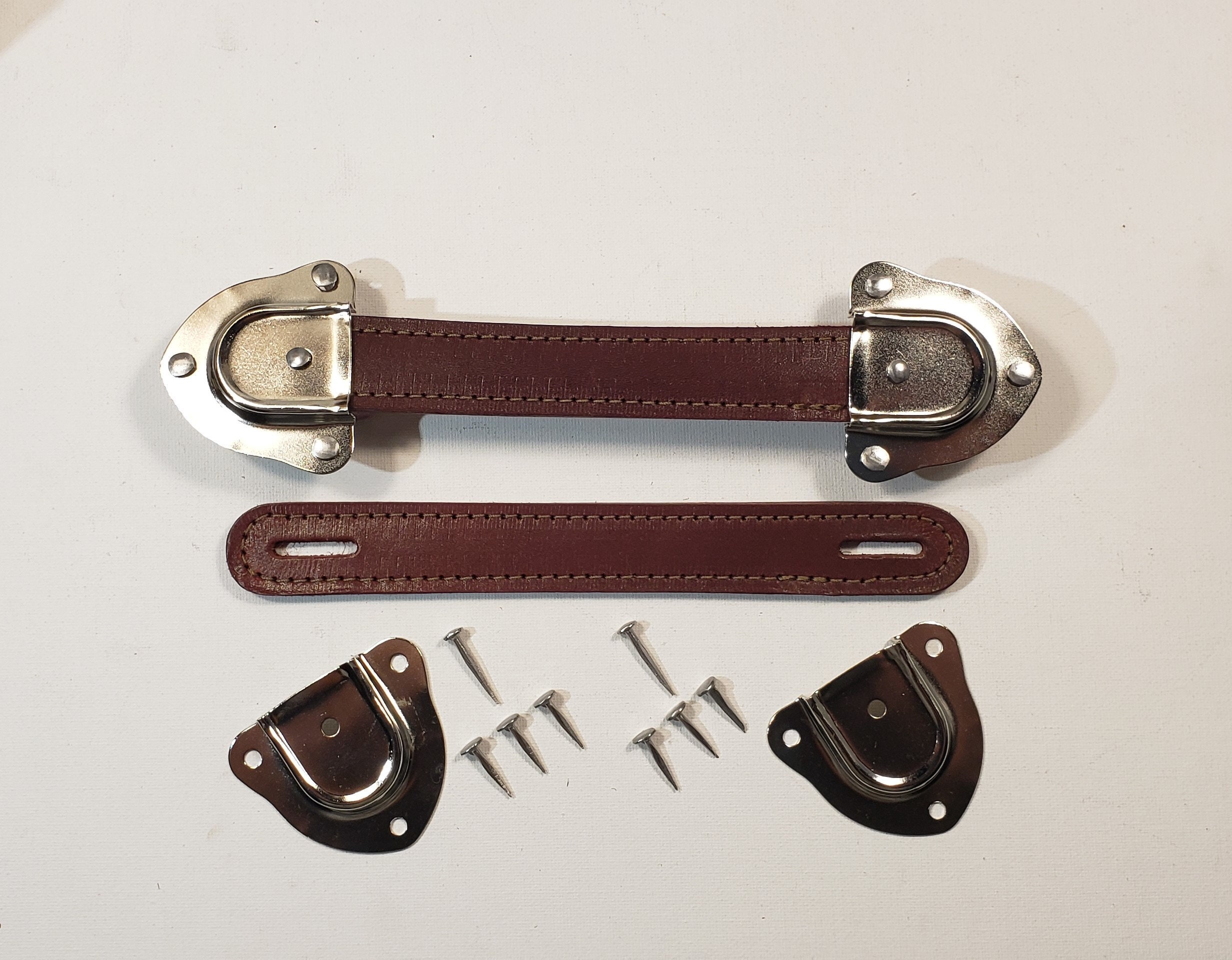 Antique Trunk Handle Kit with Nickle Cap, Slotted Leather Trunk Handles, Nails all Free Shipping