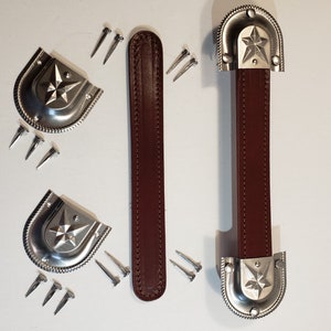 Antique Trunk Handle Kit Star Cap Style Steel, Leather Trunk Handles, Nails all Free Shipping
