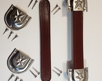 Antique Trunk Handle Kit, Star Steel Caps, Leather Handles, Nails