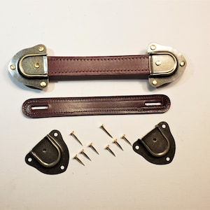Antique Trunk Handle Kit with Antique Brass Caps, Leather Trunk Handles, Nails all Free Shipping