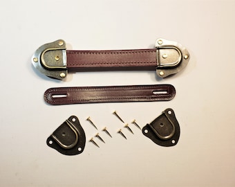 Antique Trunk Handle Kit with Antique Brass Caps, Leather Trunk Handles, Nails all Free Shipping