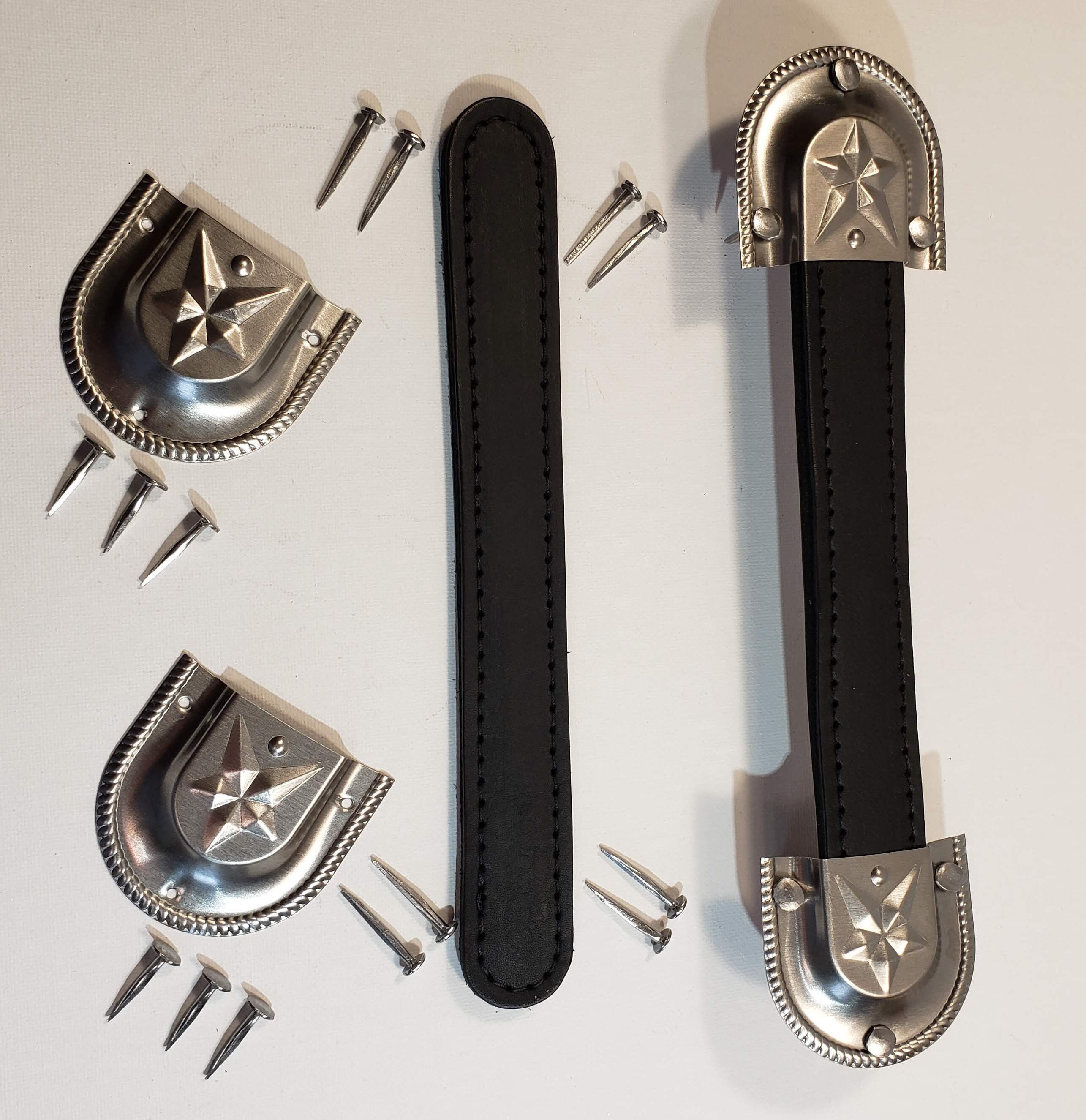 Antique Trunk Handle Kit Star Cap Style Steel, Leather Trunk Handles