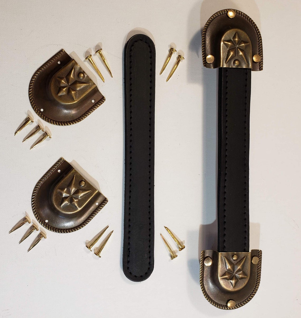 Antique Trunk Handle Kit Antique Brass Star Cap Style, Leather Trunks