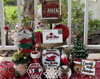 Christmas Tiered Tray Signs, Farmhouse Santa Decor (7 pieces)
