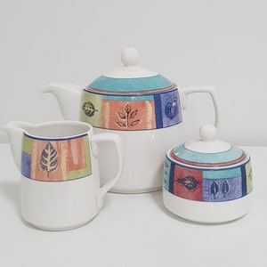 Vintage ROYAL DOULTON Trailfinder Tea Set: Teapot / Coffee Pot, Sugar Bowl,  Milk Jug Fine China TC 1245 Colourful Multicolour Leaf Pattern