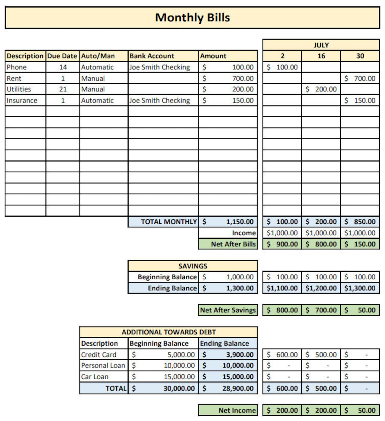 Excel monthly bills template etsy