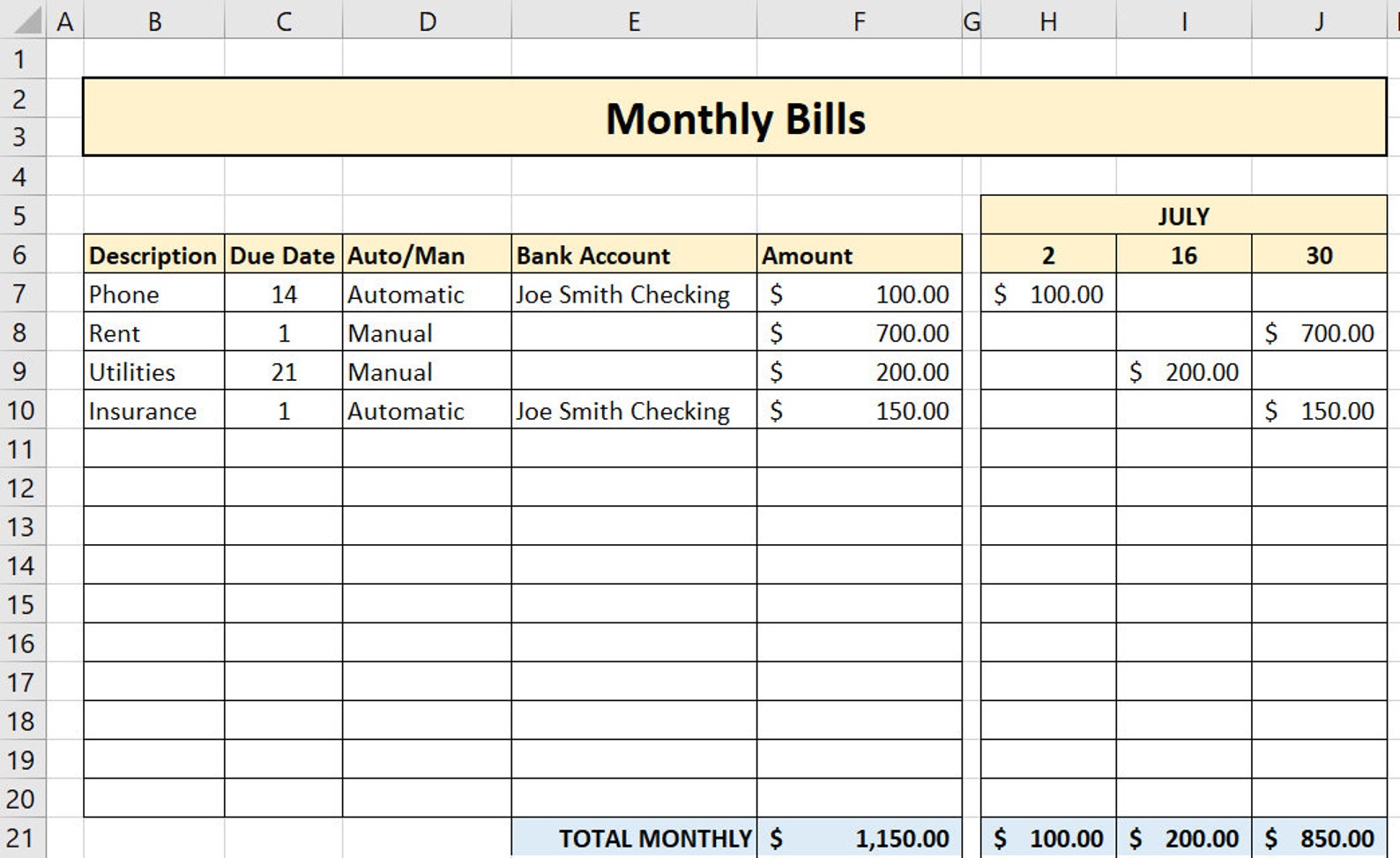 Free Excel Monthly Bills Template