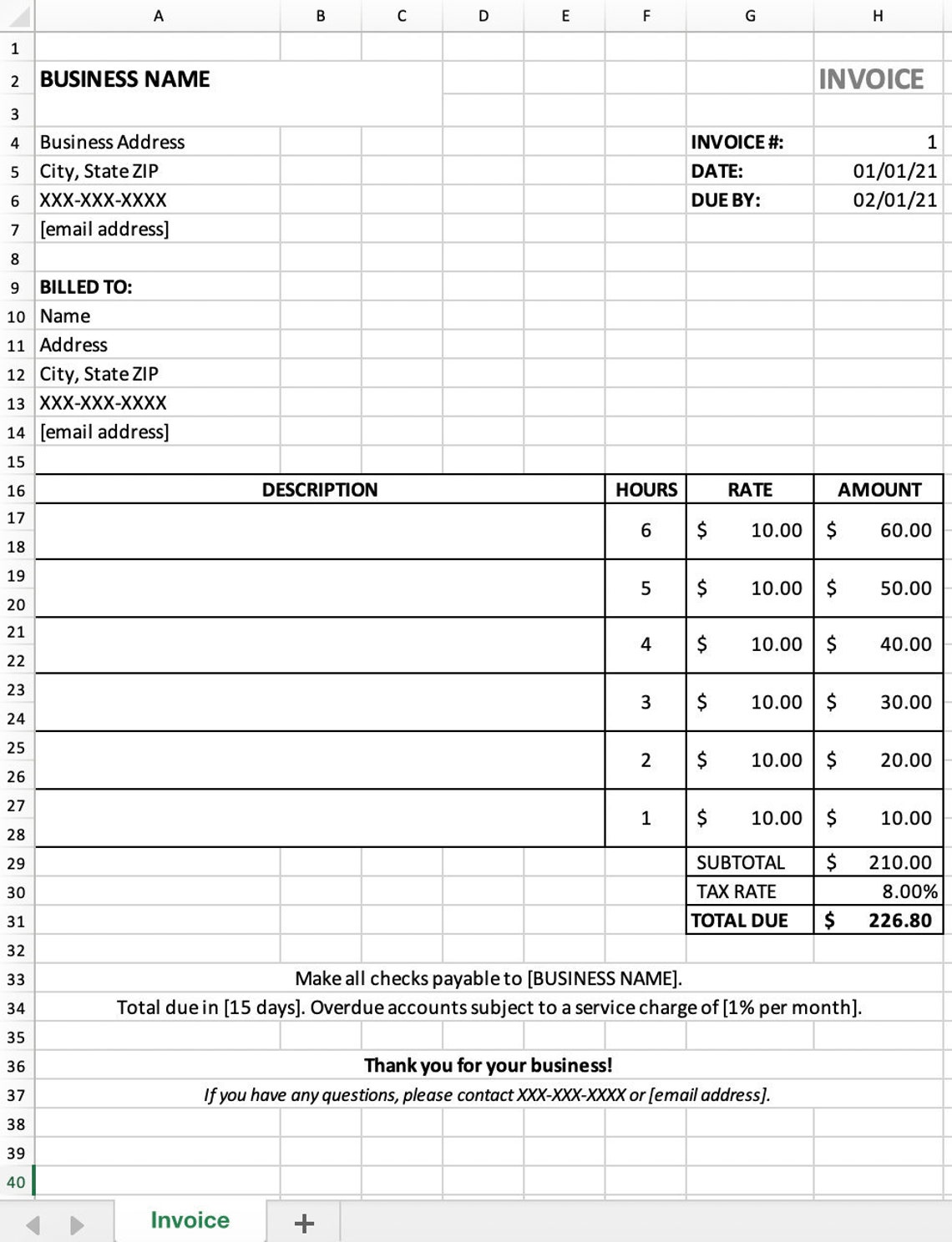 Excel invoice template etsy