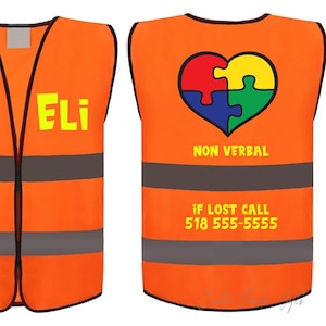 Autism - Non Verbal If Lost Child Safety Vest, add Name, Multiple Design Colors, Reflective High Visibility Orange Vest - Custom Made