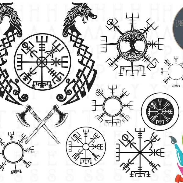 Vegvisir Nordic Viking Compass 10 Design Bundle |  Dragon Viking Axes | 8 compass Designs | Vegvisor Monogram | Norse Compass - HappySVGs