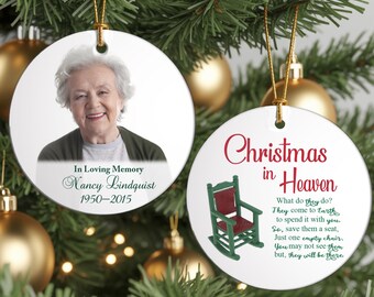 Adorno colgante de cerámica personalizado con foto: Navidad en el cielo, en memoria de alguien