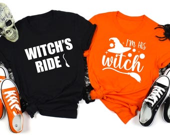 Camisetas de pareja de Halloween: Su bruja y su paseo de bruja - Camisetas de disfraces a juego