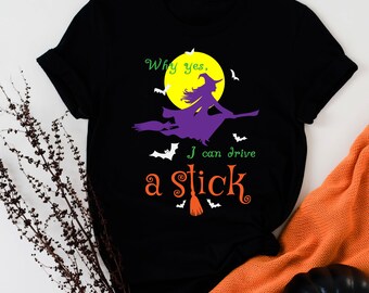 Sí, puedo conducir un coche manual, camiseta de Halloween, camiseta de otoño, bruja, ocultismo, wiccan, bruja en escoba divertida, camisetas de Halloween - Regalos personalizados