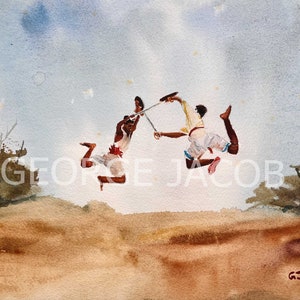 May include: Two men in white and red clothing are jumping in the air, holding sticks and fighting. The background is a light blue sky with brown trees on either side.