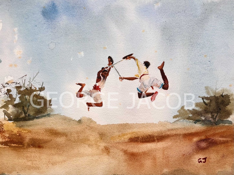 May include: Two men in white and red clothing are jumping in the air, holding sticks and fighting. The background is a light blue sky with brown trees on either side.