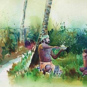 Può includere: Un dipinto ad acquerello di un uomo che suona un tamburo in un lussureggiante ambiente boschivo. Indossa un turbante e una lunga gonna arancione. Un bambino piccolo è seduto a terra, guardandolo suonare.