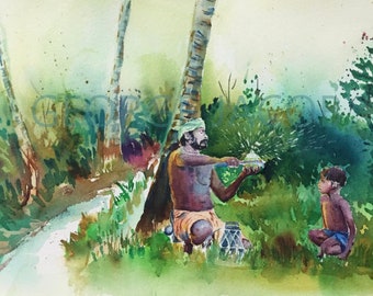 Kerala  rustic scenes watercolor/ Kerala sceneries/Kumarakom scenes/Kerala backwaters /Kerala art prints/Kerala lifestyle/Culture of Kerala