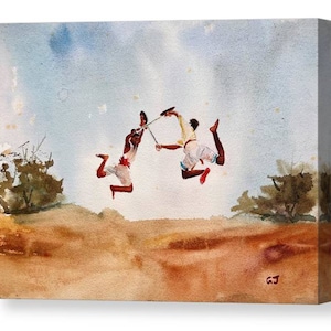 May include: A watercolor painting of two people in mid-air, holding sticks and facing each other. They are wearing white clothing and are against a blue sky background with brown trees on either side.