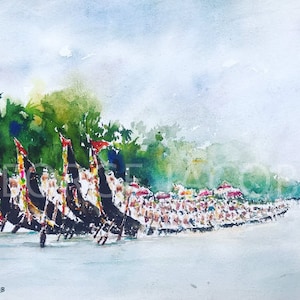 Kerala landscapes /Kerala Onam Festival/ Kerala boat race watercolor / Onam paintings/Kerala Village art