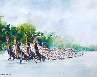 Kerala landscapes /Kerala Onam Festival/ Kerala boat race watercolor / Onam paintings/Kerala Village art