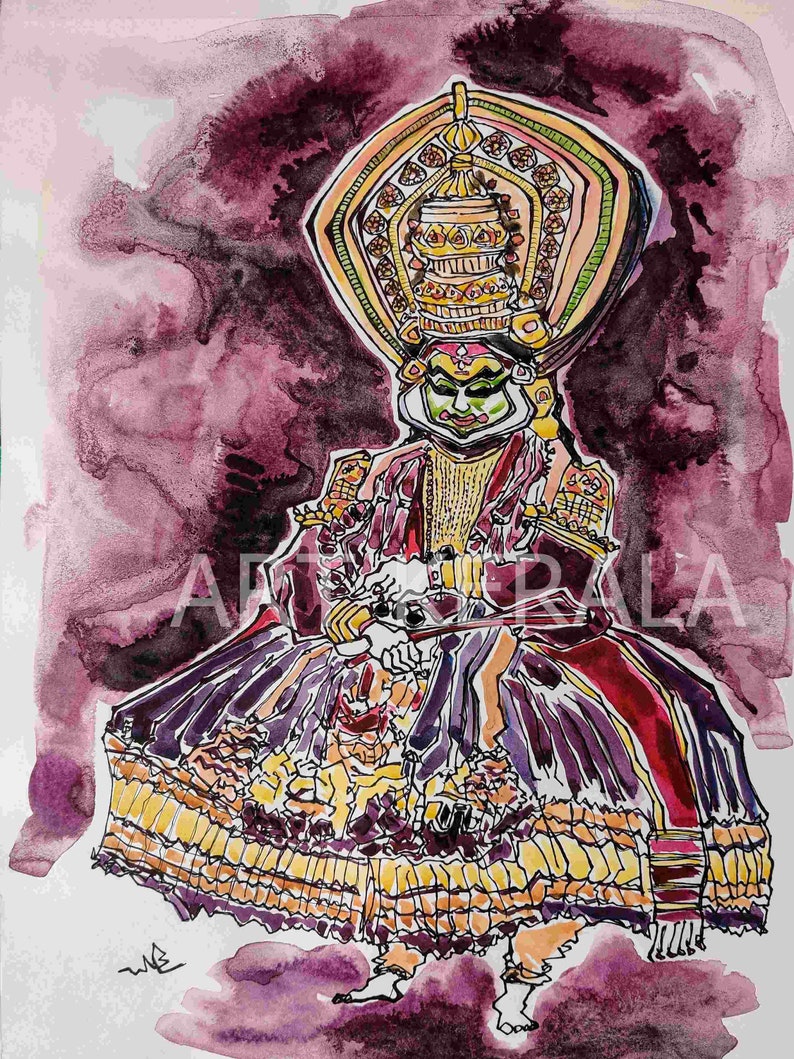 Pu&ograve; includere: Un dipinto ad acquerello di un artista in costume tradizionale indiano Kathakali. L'artista indossa un copricapo grande ed elaborato con una gonna a motivi colorati. Lo sfondo &egrave; un lavaggio ad acquerello di colore viola scuro.