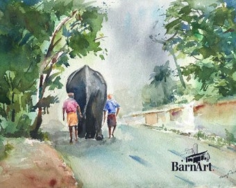 Kerala Village scenery watercolor/ Kerala River life watercolor/ Kerala rural scene/Kerala backwaters/Kerala home decor/Kerala art prints