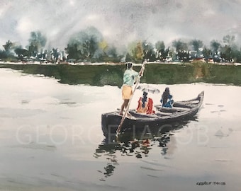 Kerala Backwaters and boats in pure watercolor/ Kerala River life watercolor/ Kerala rural scene/Kerala backwaters/Kerala home decor and art