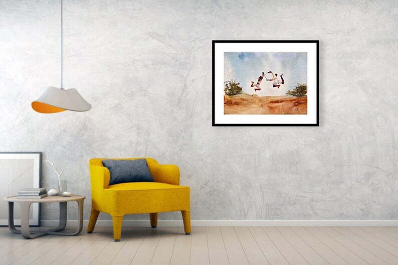 May include: A watercolor painting of three people jumping in the air against a blue sky with white clouds. The people are silhouetted against the sky and are wearing white clothing. The painting is set against a background of brown sand and green bushes.