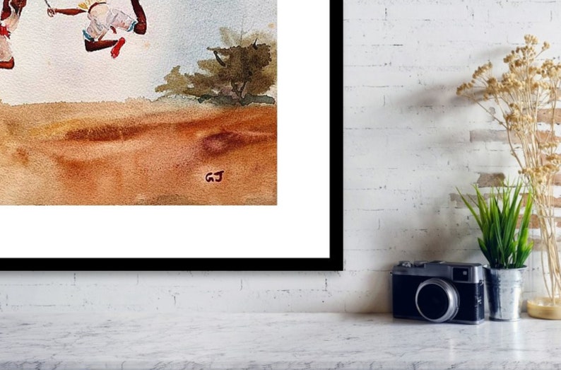 May include: A watercolor painting of two people jumping in the air. The painting is set against a light blue sky with a brown ground and a small tree in the background. The painting is signed "GJ" in the bottom right corner.