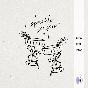 Może przedstawiać: Czarno-biała ilustracja dwóch kieliszków do szampana z kokardkami i gałązkami. Tekst "sparkle season" znajduje się nad nimi, z opcjami plików SVG, DXF i PNG.