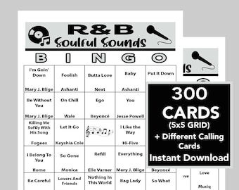 Sucessos musicais de R&B, Rhythm and Blues, sons emocionantes, download digital para impressão, jogos de bingo, 300 cartões de bingo exclusivos, lista de reprodução do Spotify incluída