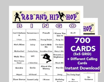 Tubes R&B, musique hip hop, soirée RnB et hip-hop, téléchargement numérique, jeux de bingo, 700 cartes de bingo uniques, liste de lecture Spotify incluse