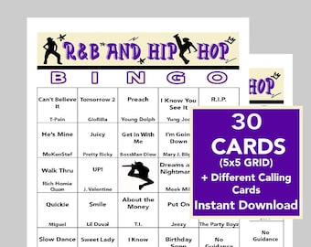 Tubes R&B, musique hip hop, soirée RnB et hip-hop, téléchargement numérique, jeux de bingo, 30 cartes de bingo uniques, liste de lecture Spotify incluse