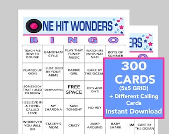 One Hit Wonder Music, One Hit Wonder Songs, 300 Unique Bingo cards, Instant Download, Bingo Games, Call List and Spotify Playlist included