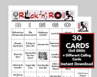 Rock 'n' Roll, Rock 'n' Roll Bingo, Music Games, Rock 'n' Roll Party, Instant Digital Download, 30 Bingo cards, Spotify Playlist Included