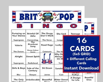 BRIT POP Music Hits, British POP Music Party, Digital Download, Bingo Games, Printable Games, 16 Different Bingo cards, Spotify Playlist