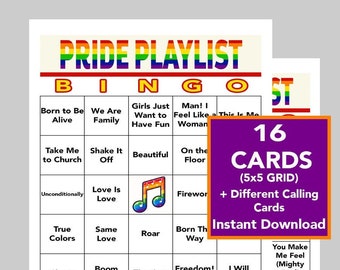 Pride BINGO, Pride Month, Pride Music, Pride playlist bingo, LGBTQ games, Musical Bingo, Digital Download, 16 Unique Cards